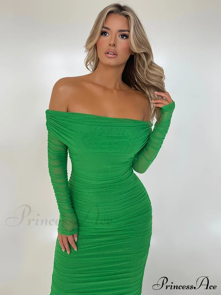 Sexy Off Shoulder Long Sleeve Backless Ruched Red Christmas Party Dress Green / S Dresses-L