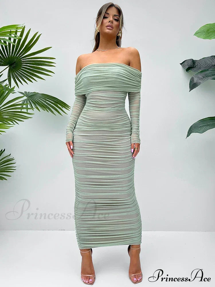 Sexy Off Shoulder Long Sleeve Backless Ruched Red Christmas Party Dress Light Green / S Dresses-L