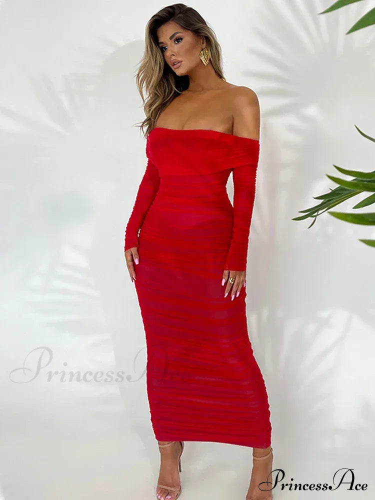 Sexy Off Shoulder Long Sleeve Backless Ruched Red Christmas Party Dress / S Dresses-L