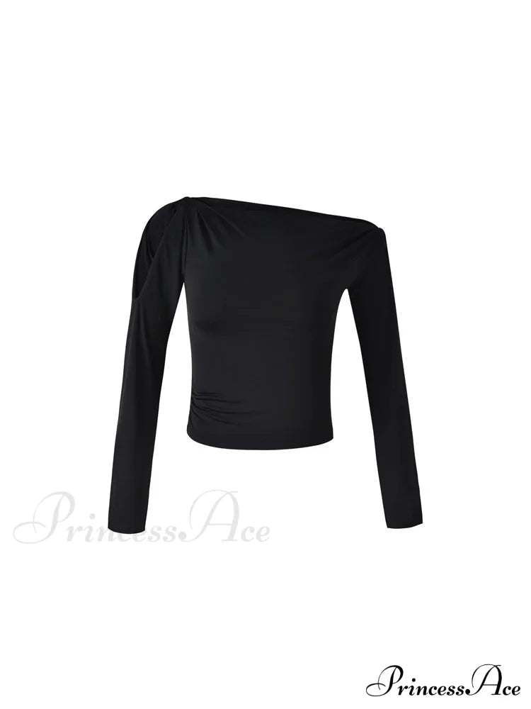 Sexy Off Shoulder Long Sleeve Neck Solid Color Slim Fit T-Shirts