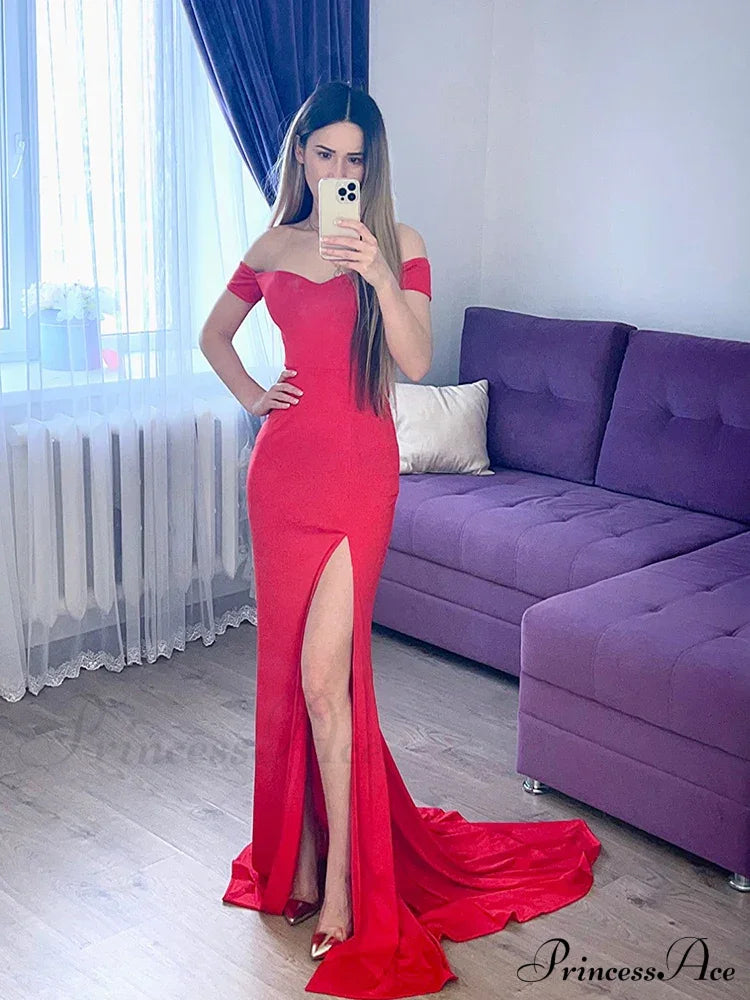 Sexy Off Shoulder Mermaid Bodycon Split Red Christmas Party Dress Dresses-L