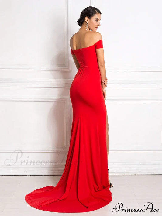 Sexy Off Shoulder Mermaid Bodycon Split Red Christmas Party Dress Dresses-L