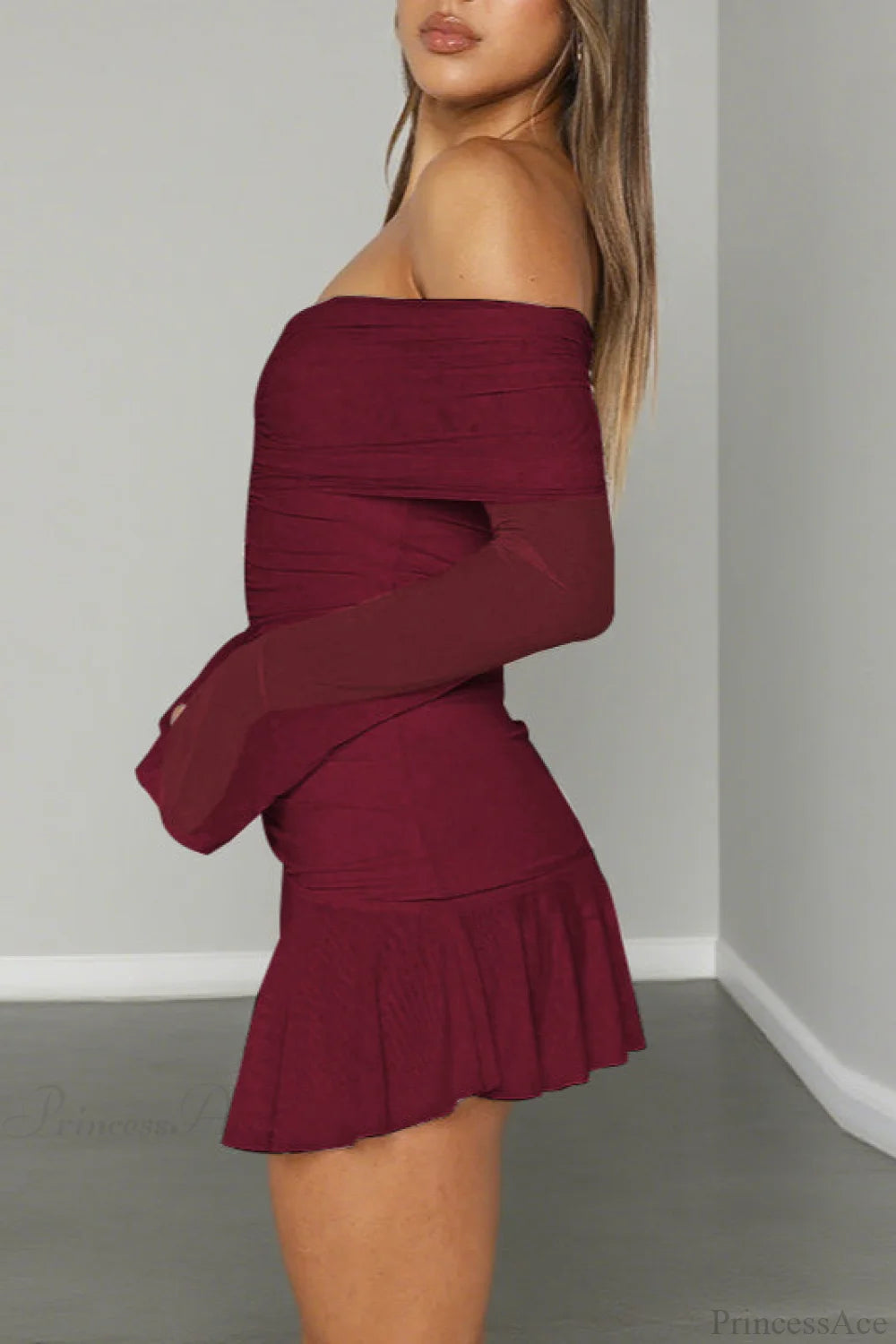 Sexy Off Shoulder Ruched Ruffle Long Sleeve Mini Dress