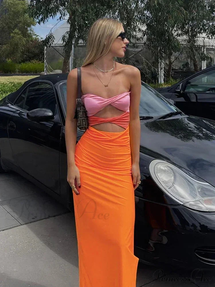 Sexy Off-Shoulder Sleeveless Wrapped -Ready Twist-Cut Sensual Maxi Dress Orange / S