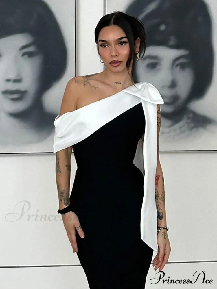 Sexy One Shoulder Bow Tie Midi Bandage Dress Black White Christmas Party Dresses-L