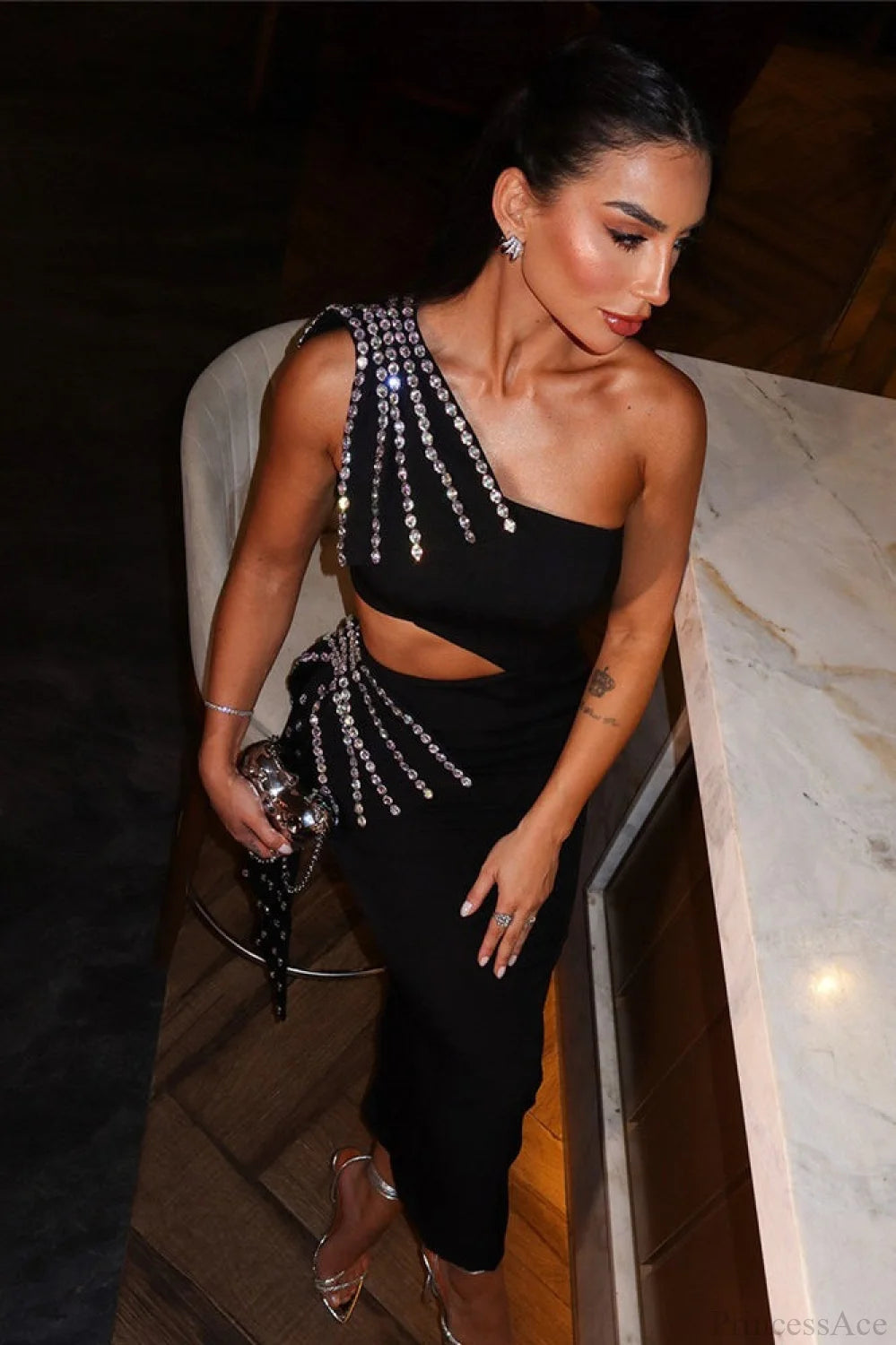 Sexy One-Shoulder Cutout Bodycon Rhinestone Wedding Dress