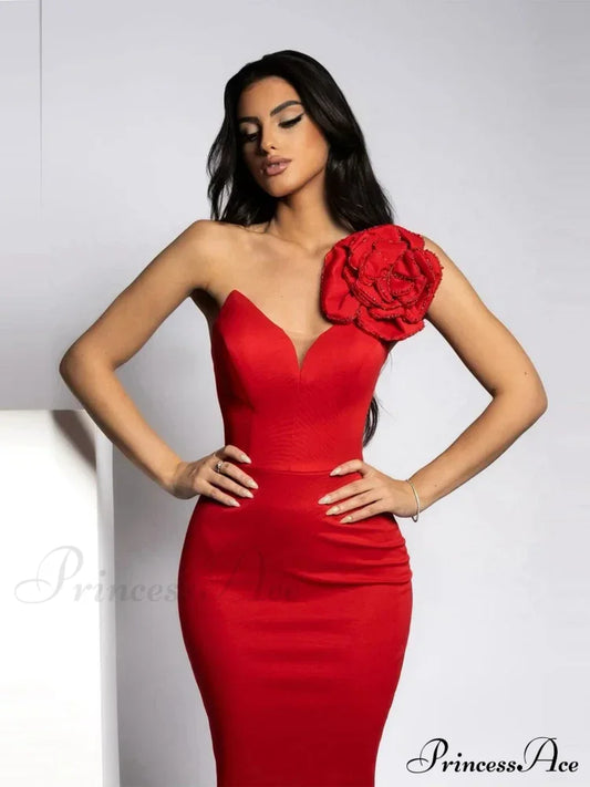 Sexy One Shoulder Diamonds Flower Patchwork Maxi Red Christmas Party Dress Dresses-L