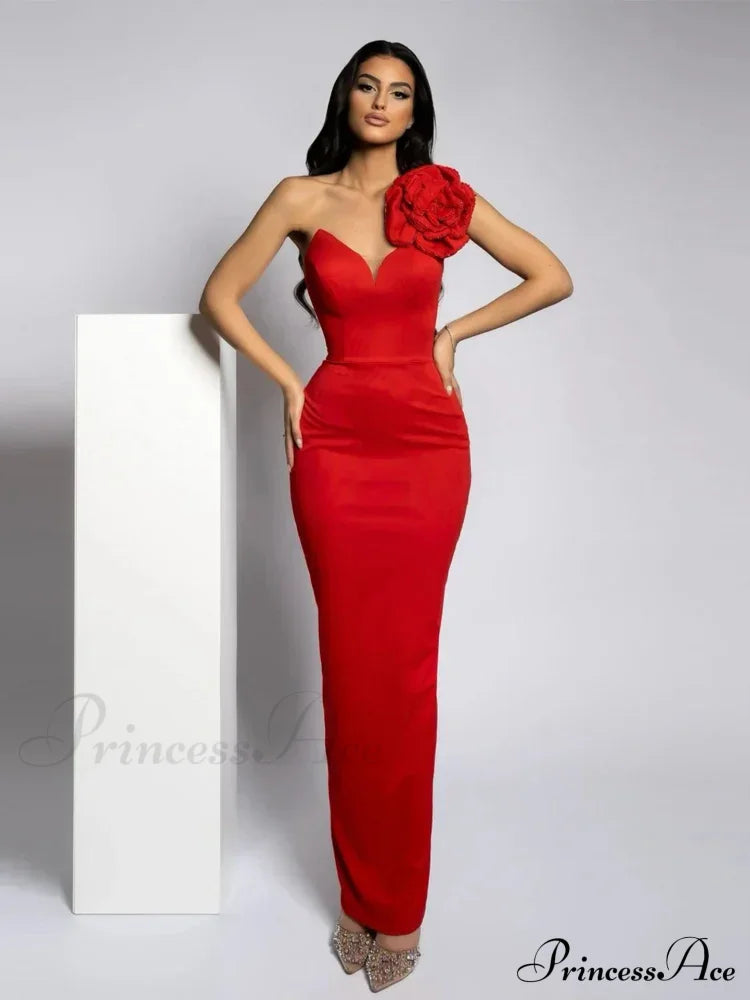 Sexy One Shoulder Diamonds Flower Patchwork Maxi Red Christmas Party Dress Dresses-L