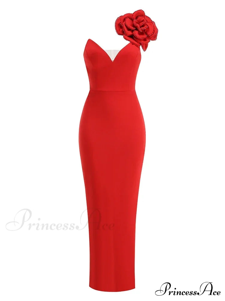 Sexy One Shoulder Diamonds Flower Patchwork Maxi Red Christmas Party Dress / Xs Dresses-L