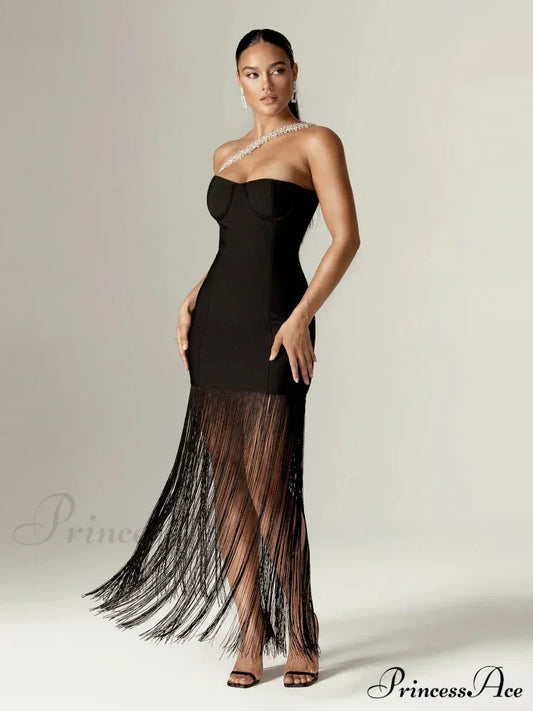 Sexy One Shoulder Diamonds Strap Tassel Bandage Dress Shiny Rhinestone Christmas Party Black / Xs