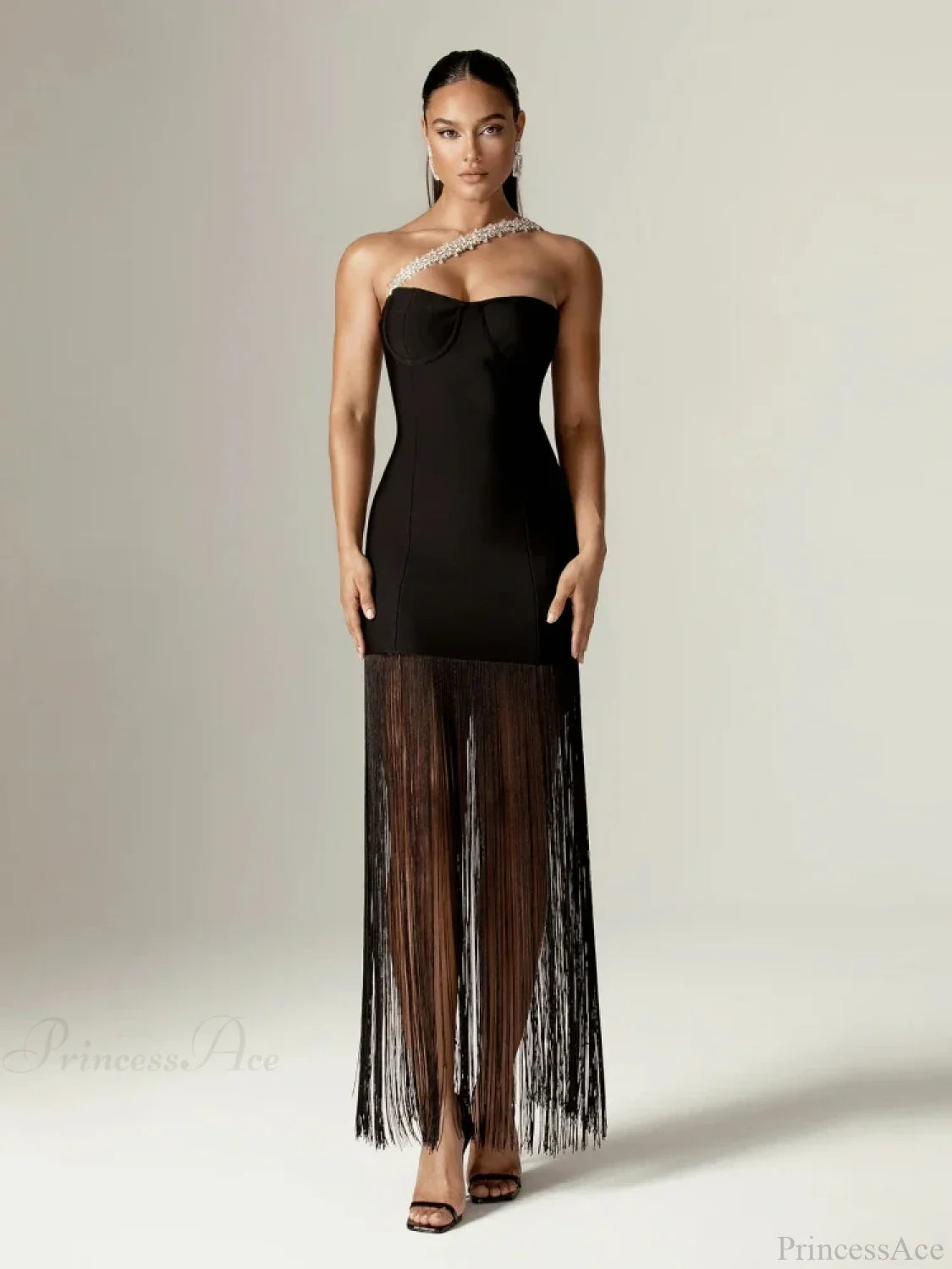 Sexy One Shoulder Diamonds Strap Tassel Bandage Dress Shiny Rhinestone Christmas Party Dresses-L