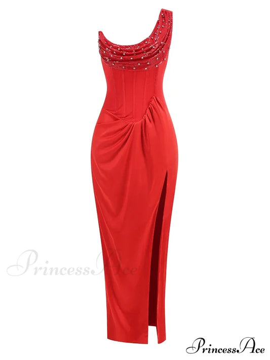 Sexy One Shoulder Embroidered Flares Slim Red Mesh Beaded Christmas Party Dress / Xs Dresses-L