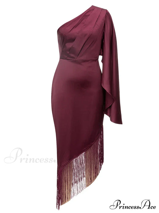 Sexy One Shoulder Tassel Design Diagonal Collar Asymmetric Fringe Christmas Party Dress Burgundy /