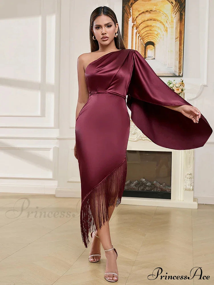 Sexy One Shoulder Tassel Design Diagonal Collar Asymmetric Fringe Christmas Party Dress Dresses-L