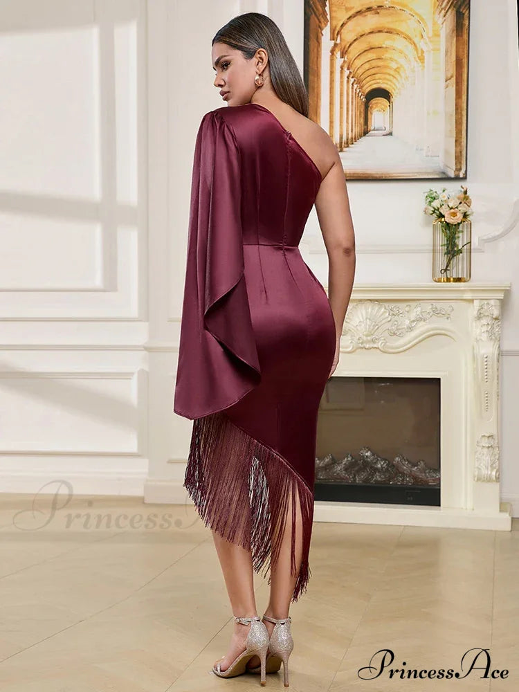 Sexy One Shoulder Tassel Design Diagonal Collar Asymmetric Fringe Christmas Party Dress Dresses-L