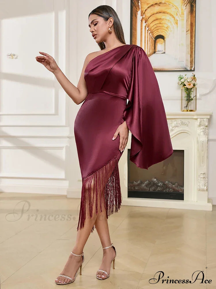 Sexy One Shoulder Tassel Design Diagonal Collar Asymmetric Fringe Christmas Party Dress Dresses-L