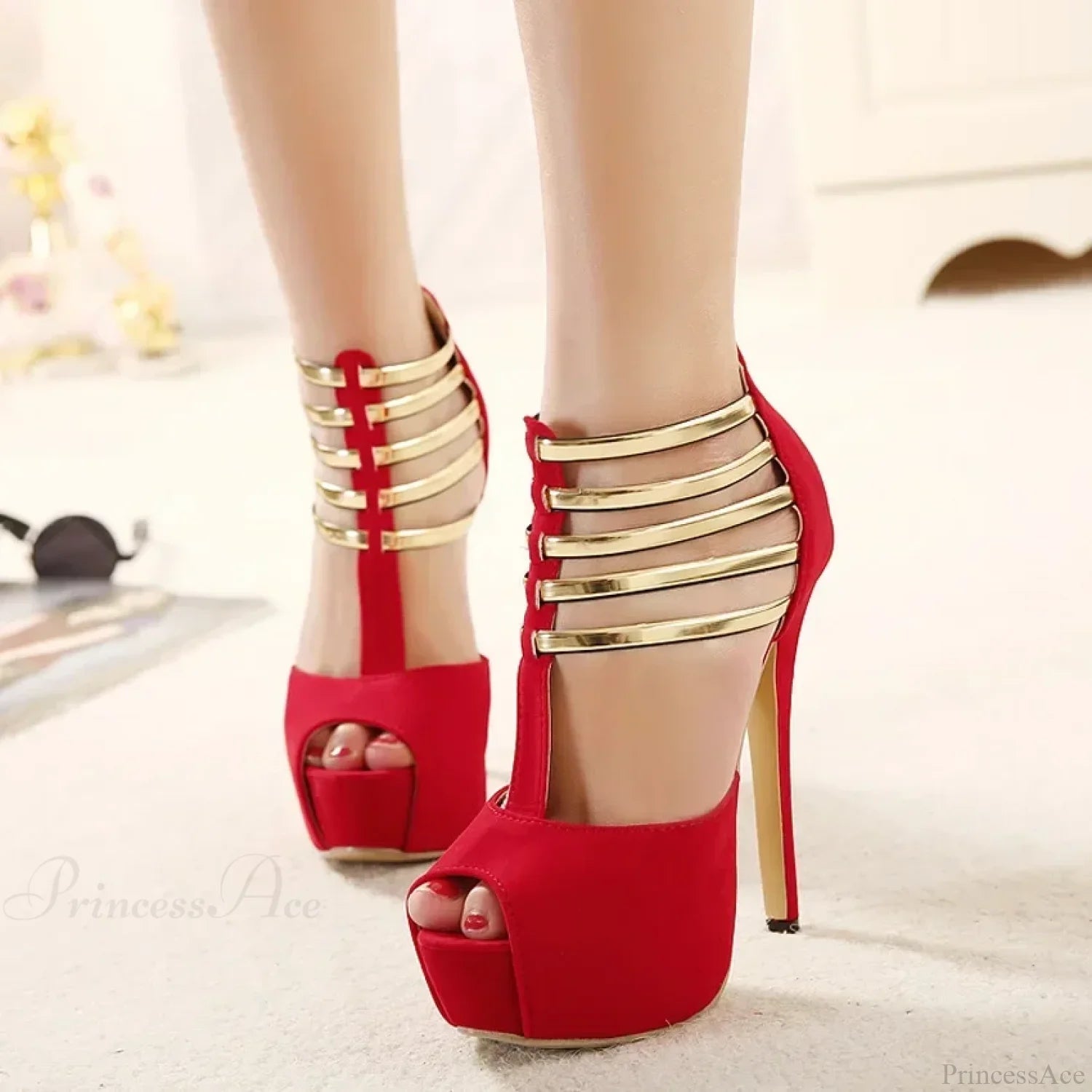 Sexy Open Toe Platform Narrow Band Hollow Stilettos Rear Zipper Pumps 16Cm Thin High Heel Red / 35
