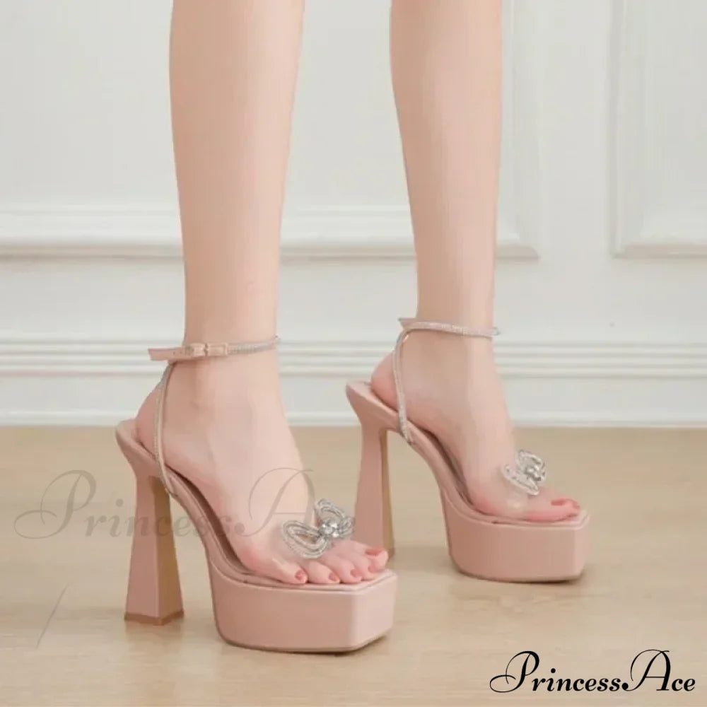 Sexy Peep Toe Platform Square Headbuckle Strap Rhinestone Butterfly-Knot 16Cm High Heels Summer