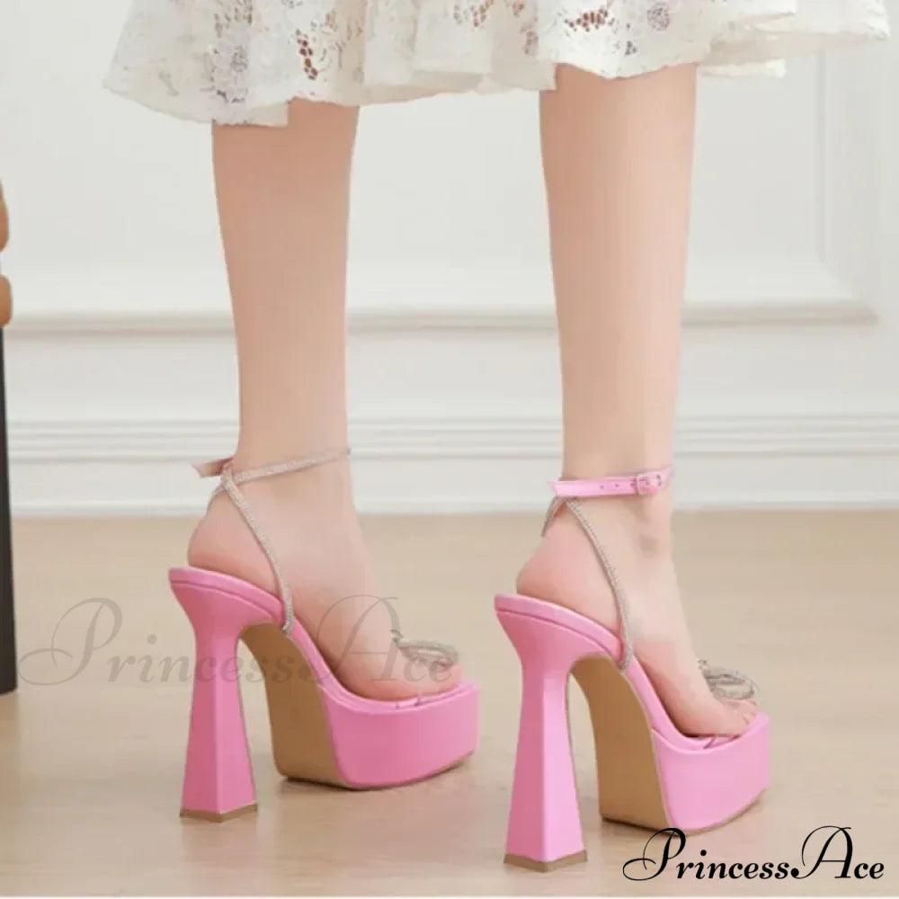 Sexy Peep Toe Platform Square Headbuckle Strap Rhinestone Butterfly-Knot 16Cm High Heels Summer