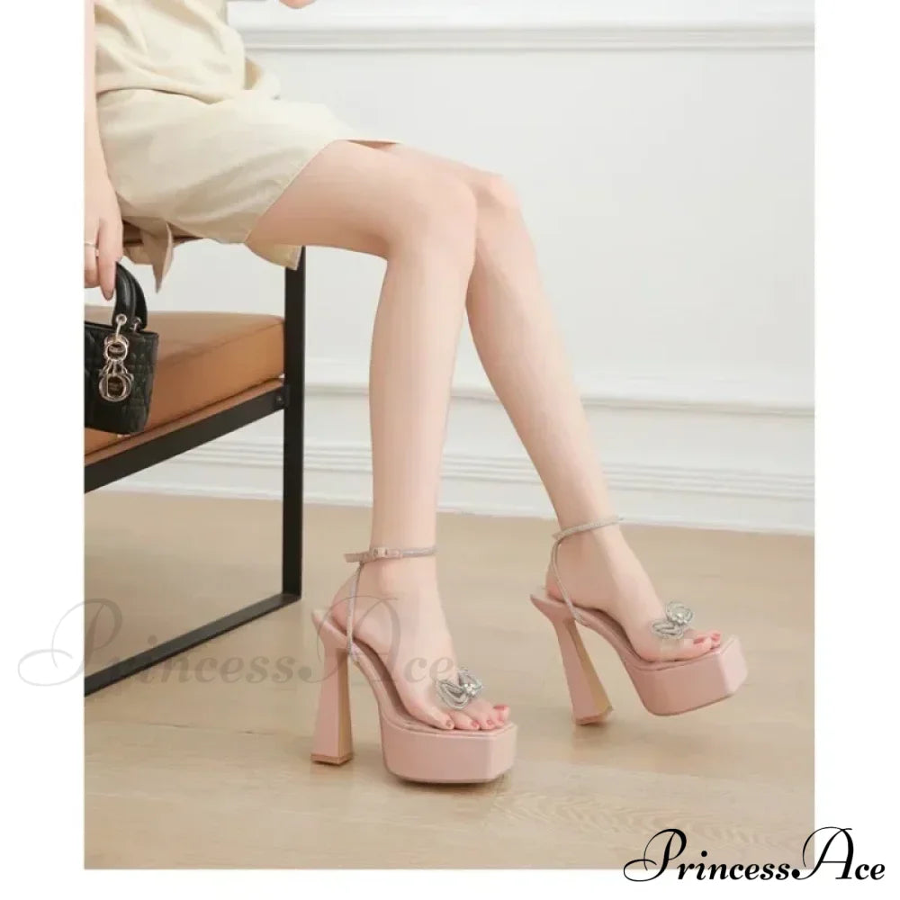 Sexy Peep Toe Platform Square Headbuckle Strap Rhinestone Butterfly-Knot 16Cm High Heels Summer