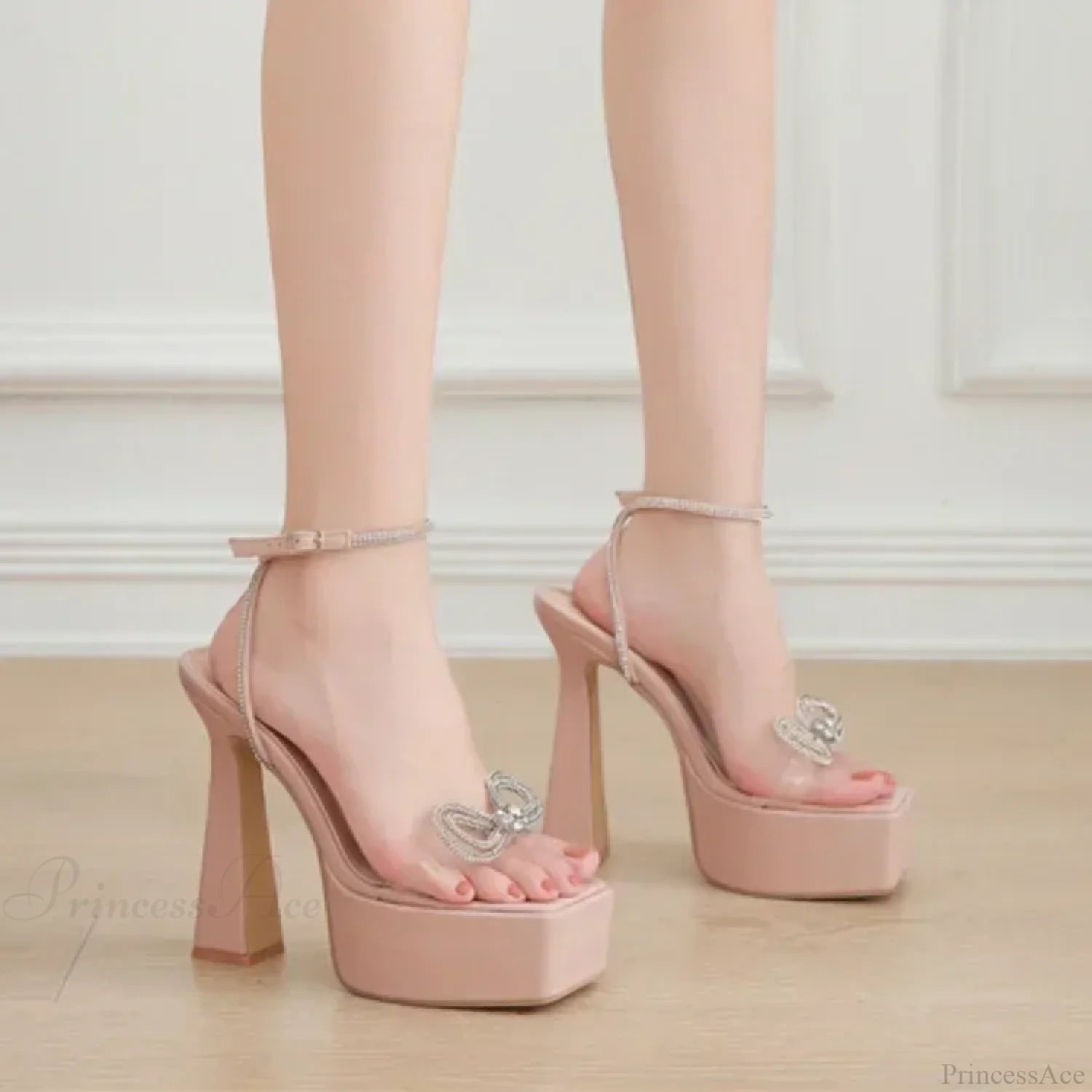 Sexy Peep Toe Platform Square Headbuckle Strap Rhinestone Butterfly-Knot 16Cm High Heels Summer