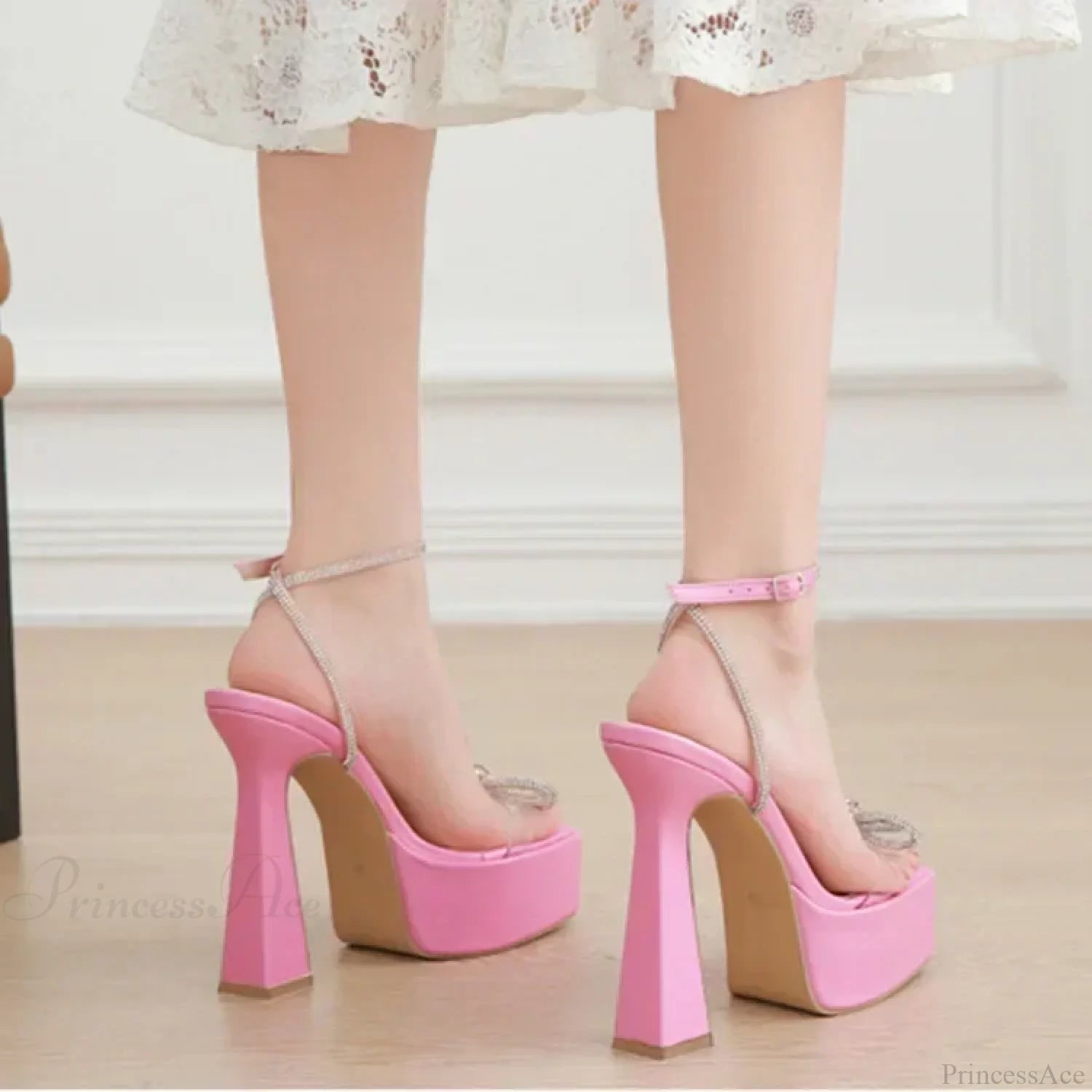 Sexy Peep Toe Platform Square Headbuckle Strap Rhinestone Butterfly-Knot 16Cm High Heels Summer