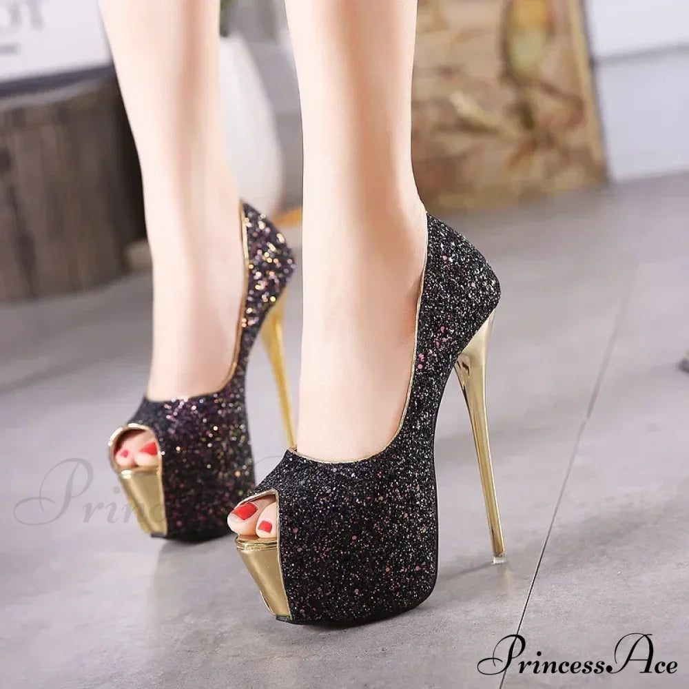 Sexy Peep Toe Platform Ultra High Heels Designer Bling Sequins Party Dress Female Sandal Pumps Heel