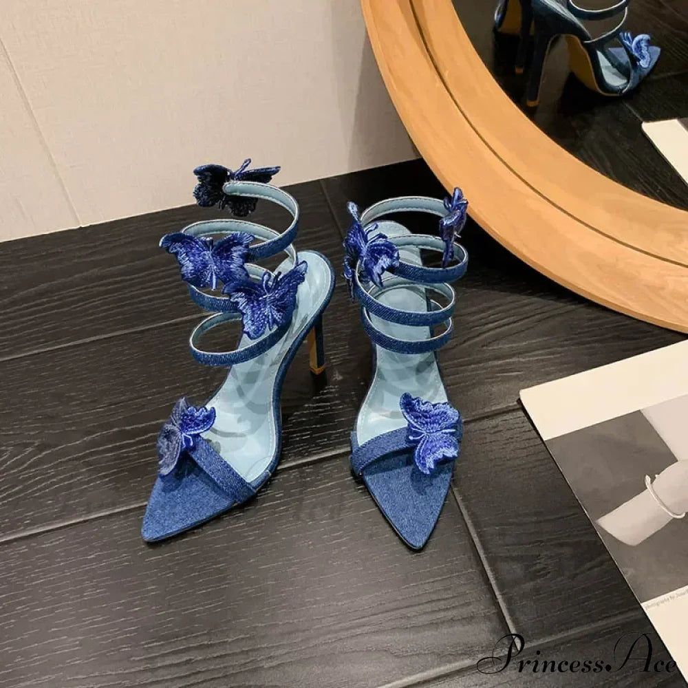 Sexy Peep Toe Pointed Embroidery Butterfly-Knot Ankle Strap Wrapped Thin High Heels Party Wedding