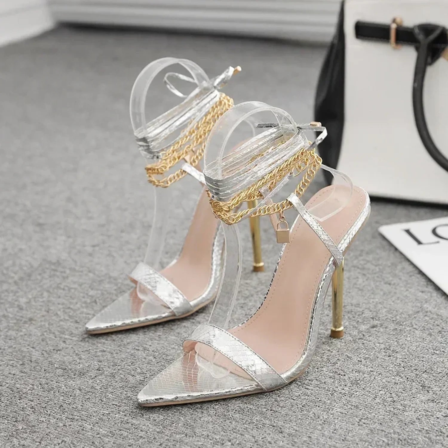 Sexy Peep Toe Pointed Head Stiletto Sandals Chain Ankle Straps Summer Thin High Heels Party Heel
