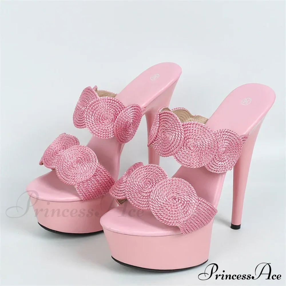 Sexy Peep-Toe Pole-Dance Extreme Platform Handwoven Hemp Summer Narrow-Band High Heel 13Cm Pink / 34