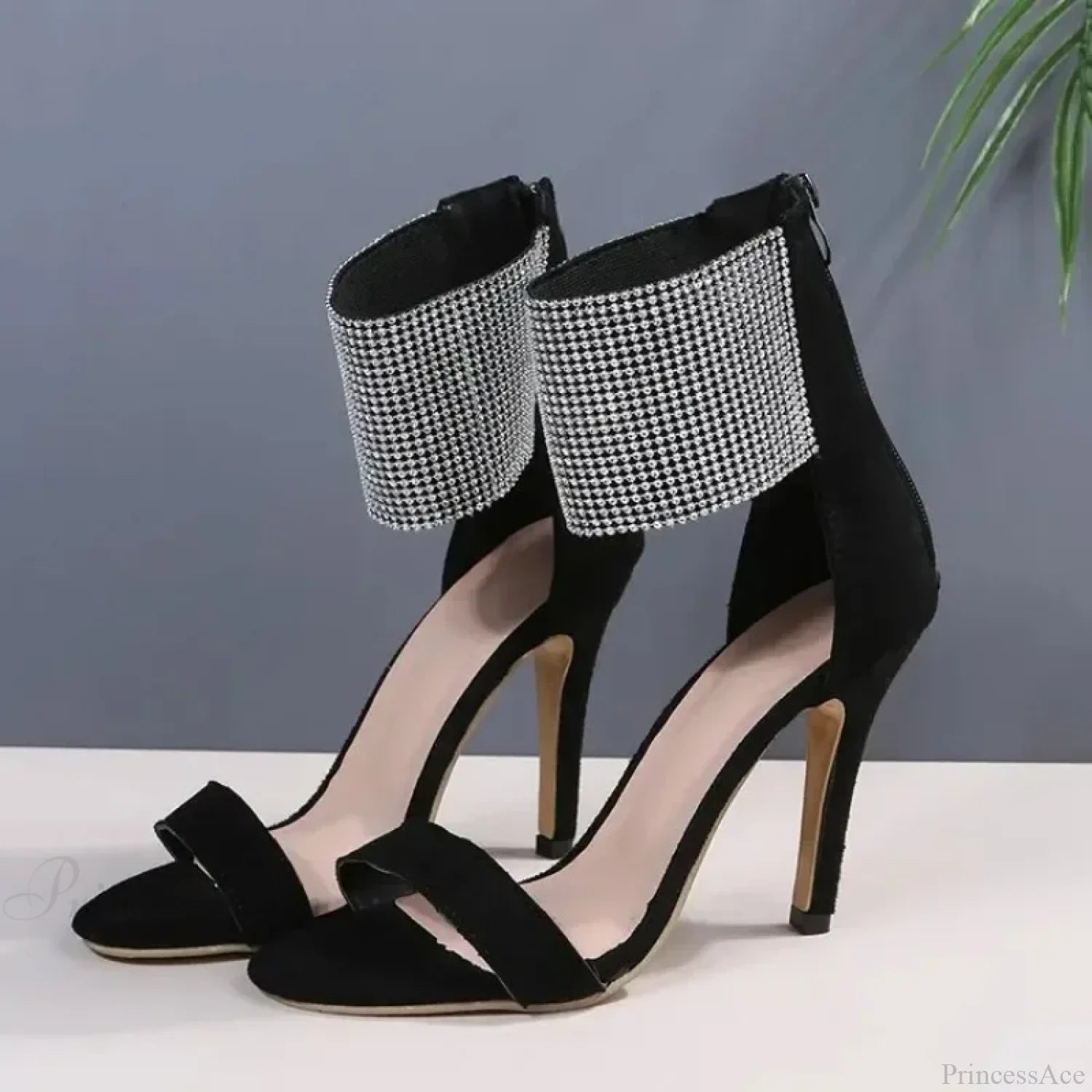 Sexy Peep Toe Rhinestone Stiletto Faux Suede Back Zipper Super High Heels Wedding Party Heel