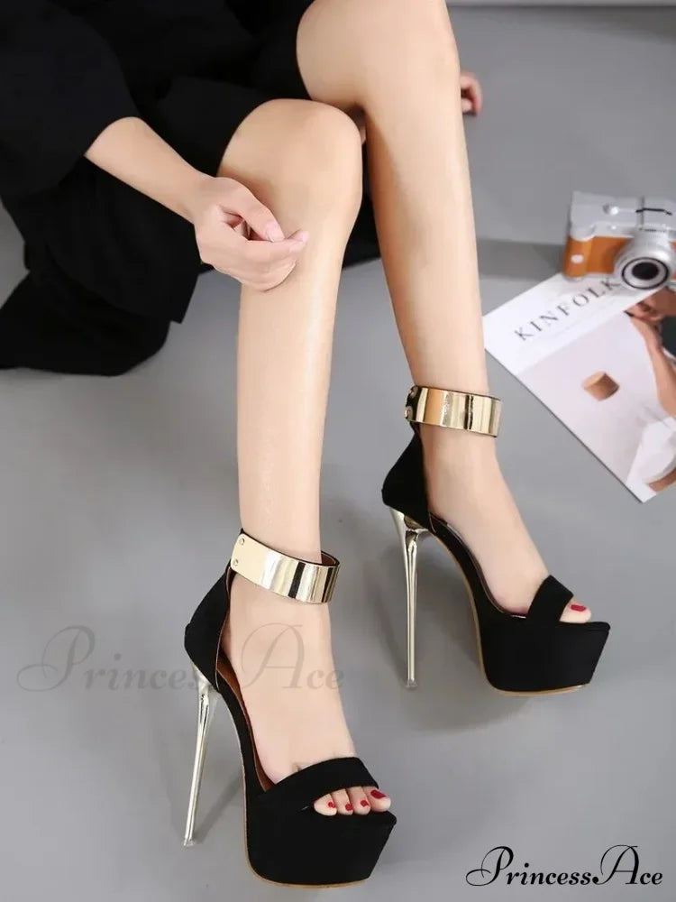 Sexy Peep Toe Square Head Thin High Heel Women Sandals Silver Rhinestone Anklebuckle Strap