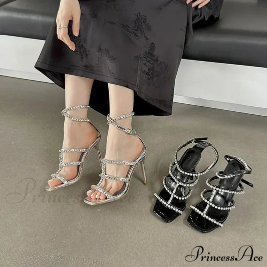 Sexy Peep Toe Square Head Thin High Heel Women Sandals Silver Rhinestone Anklebuckle Strap