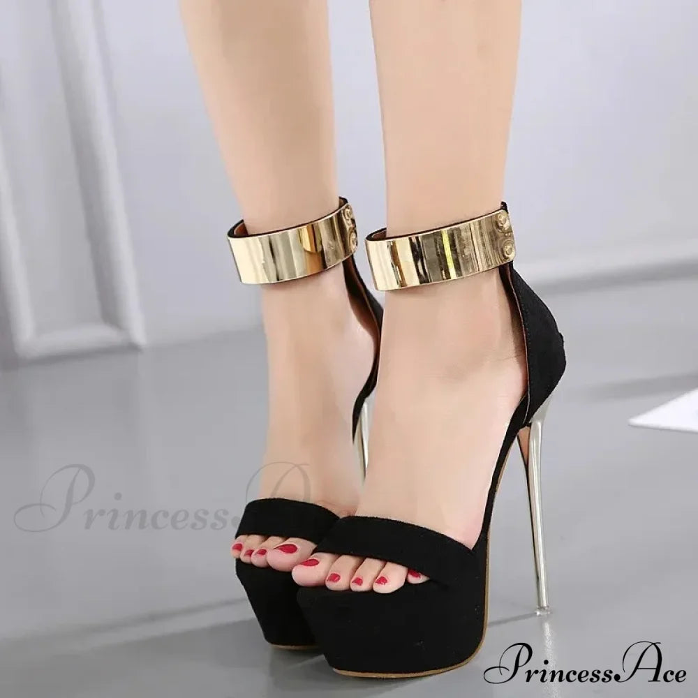 Sexy Peep Toe Square Head Thin High Heel Women Sandals Silver Rhinestone Anklebuckle Strap Black /