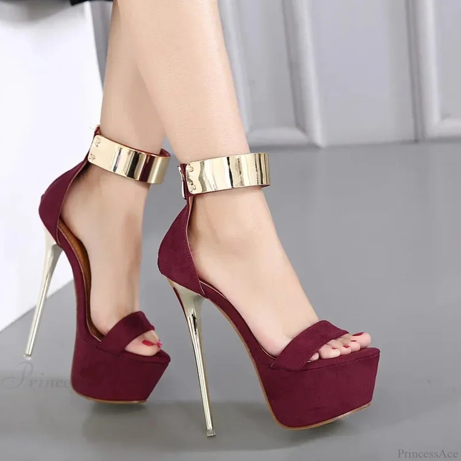 Sexy Peep Toe Square Head Thin High Heel Women Sandals Silver Rhinestone Anklebuckle Strap Wine Red
