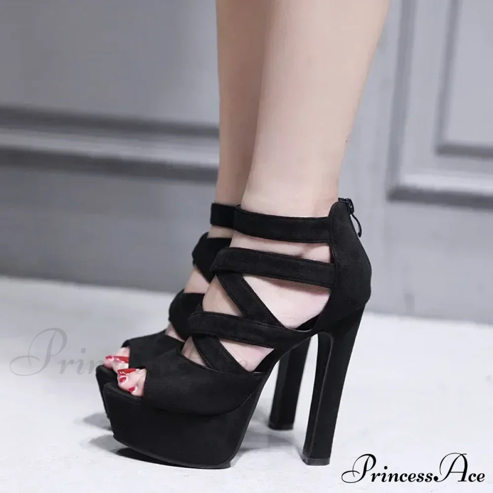 Sexy Peep Toe Suede Cross Band Platform Black/Apricot Ankle Strap Back Zipper Ultra High Heel Party