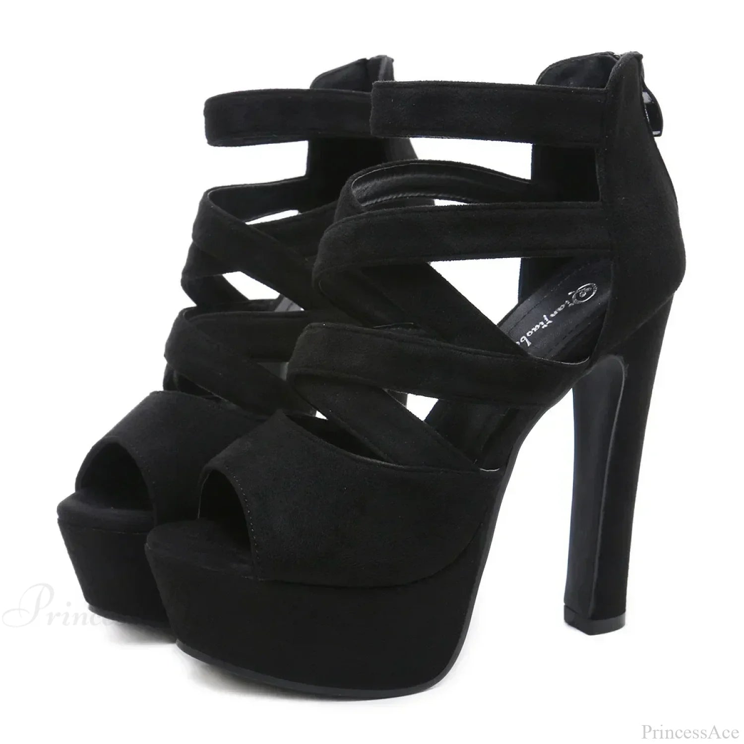 Sexy Peep Toe Suede Cross Band Platform Black/Apricot Ankle Strap Back Zipper Ultra High Heel Party