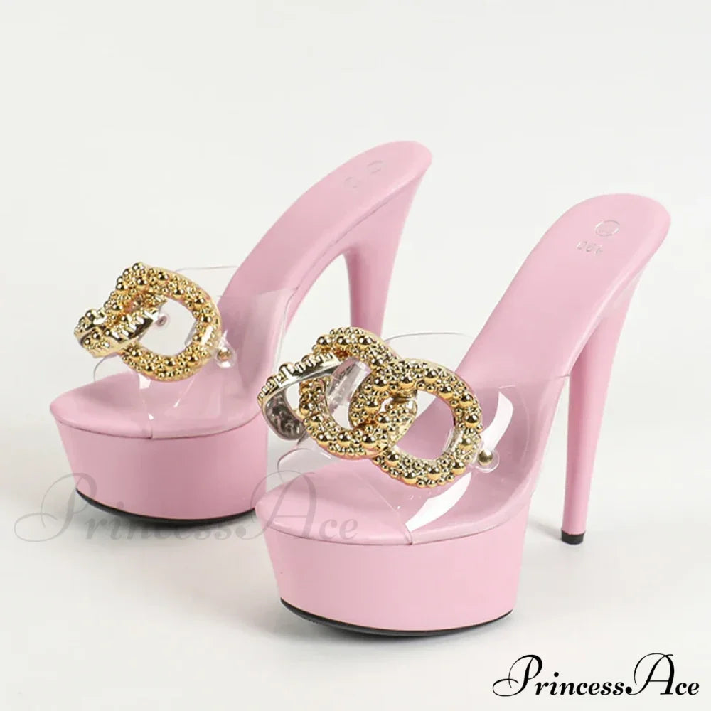 Sexy Pink High Platform Slippers Metal Chain Transparent Party Stripper Chic Heel / 34