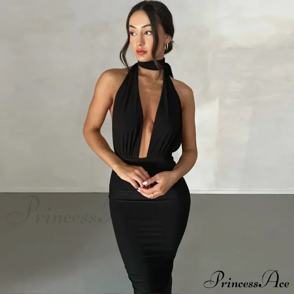 Sexy Plunge Deep V Neck Summer Club Party Sleeveless Ruched Slit Midi Dress Black / S