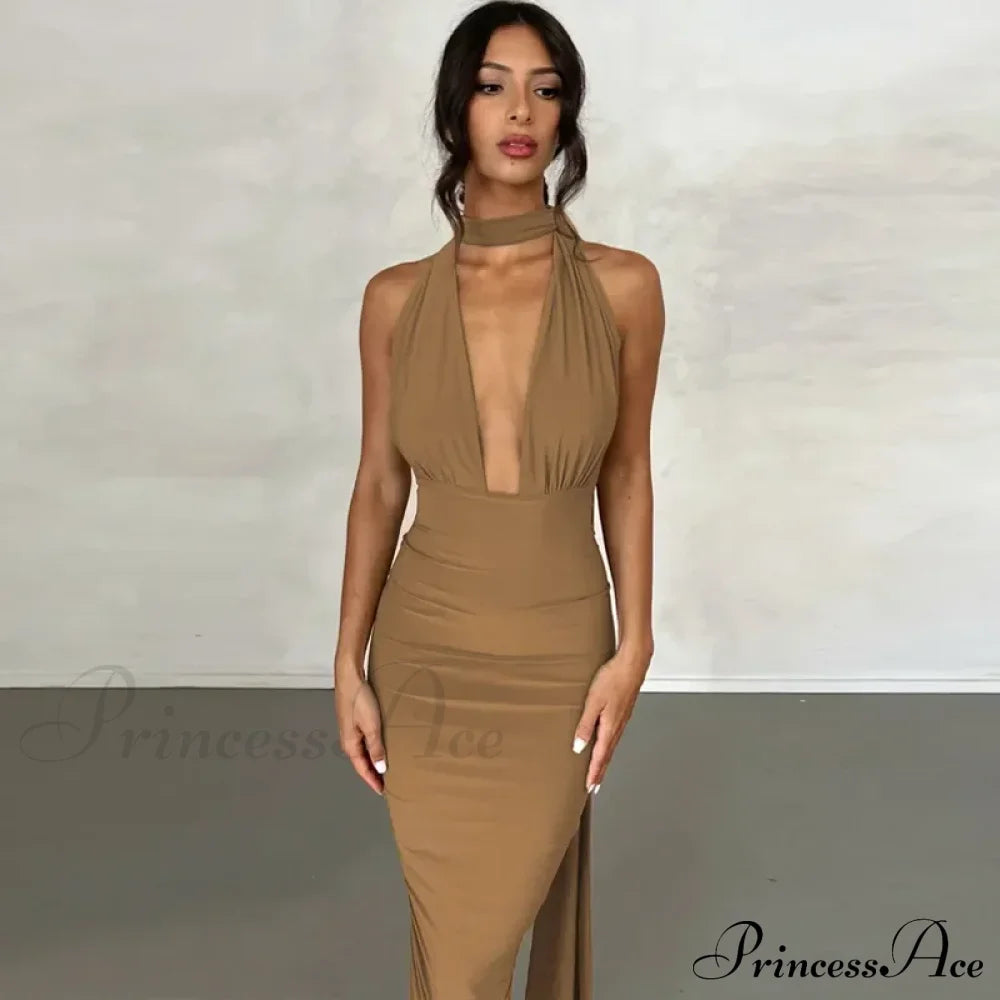 Sexy Plunge Deep V Neck Summer Club Party Sleeveless Ruched Slit Midi Dress Khaki / S