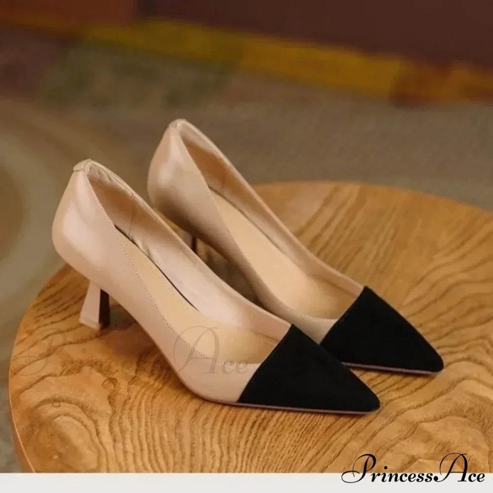 Sexy Pointed Korean Fashion Apricot Black Color Block Elegant Summer Low Heel Pump