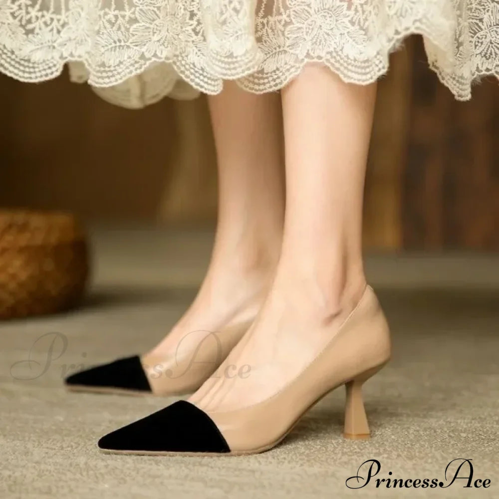 Sexy Pointed Korean Fashion Apricot Black Color Block Elegant Summer Low Heel Pump