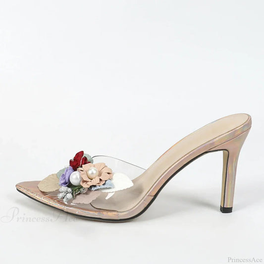 Sexy Pointed Thin High Mixed Colorful Flower Pvc Transparent Summer Party Heel Champagne / 35