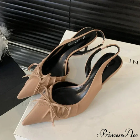 Sexy Pointed Toe Luxury Designer Slingback Shallow Bow Thin Heels Party Dress High Heel Apricot / 35