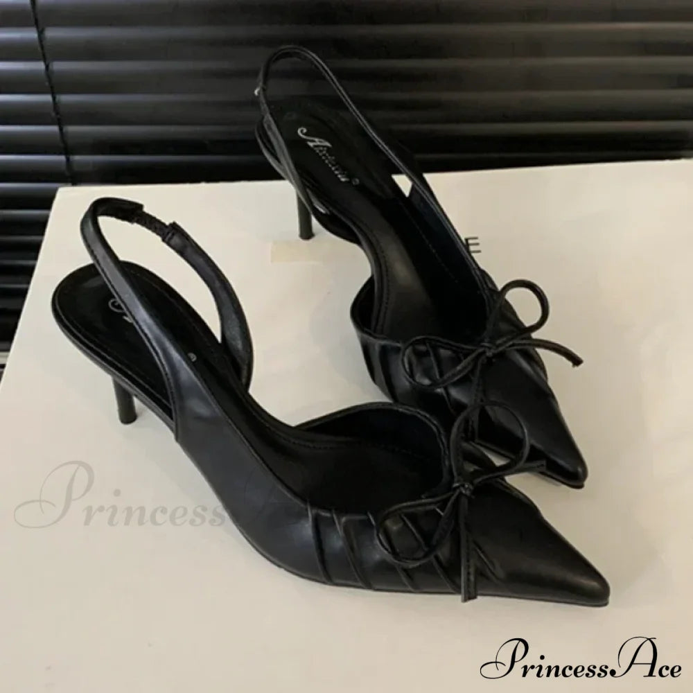 Sexy Pointed Toe Luxury Designer Slingback Shallow Bow Thin Heels Party Dress High Heel Black / 35