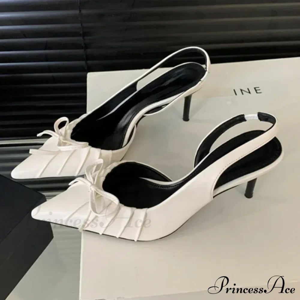 Sexy Pointed Toe Luxury Designer Slingback Shallow Bow Thin Heels Party Dress High Heel White / 35