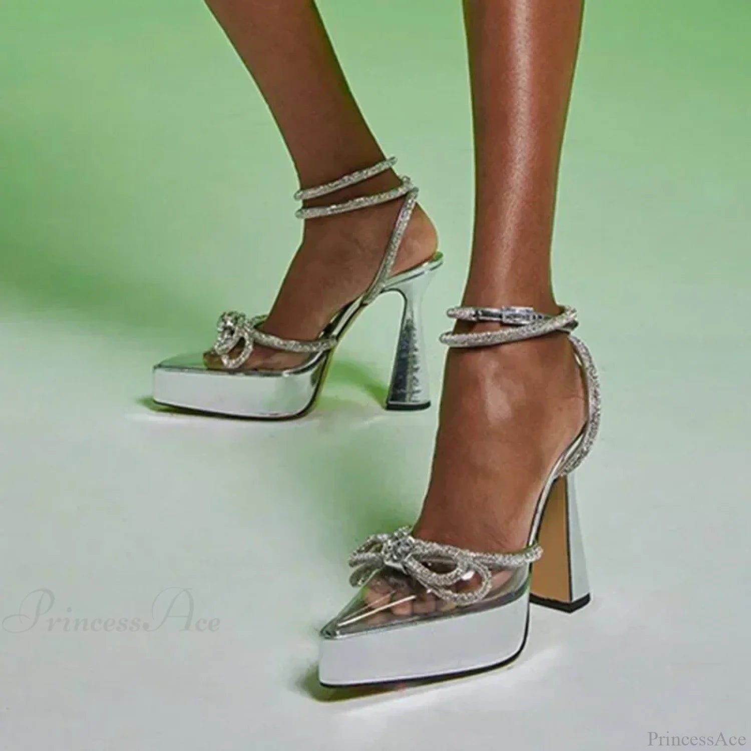 Sexy Pvc Transparent Cover Toe Pointed Platform Rhinestone Butterfly-Knotbuckle Strap 14Cm High Heel