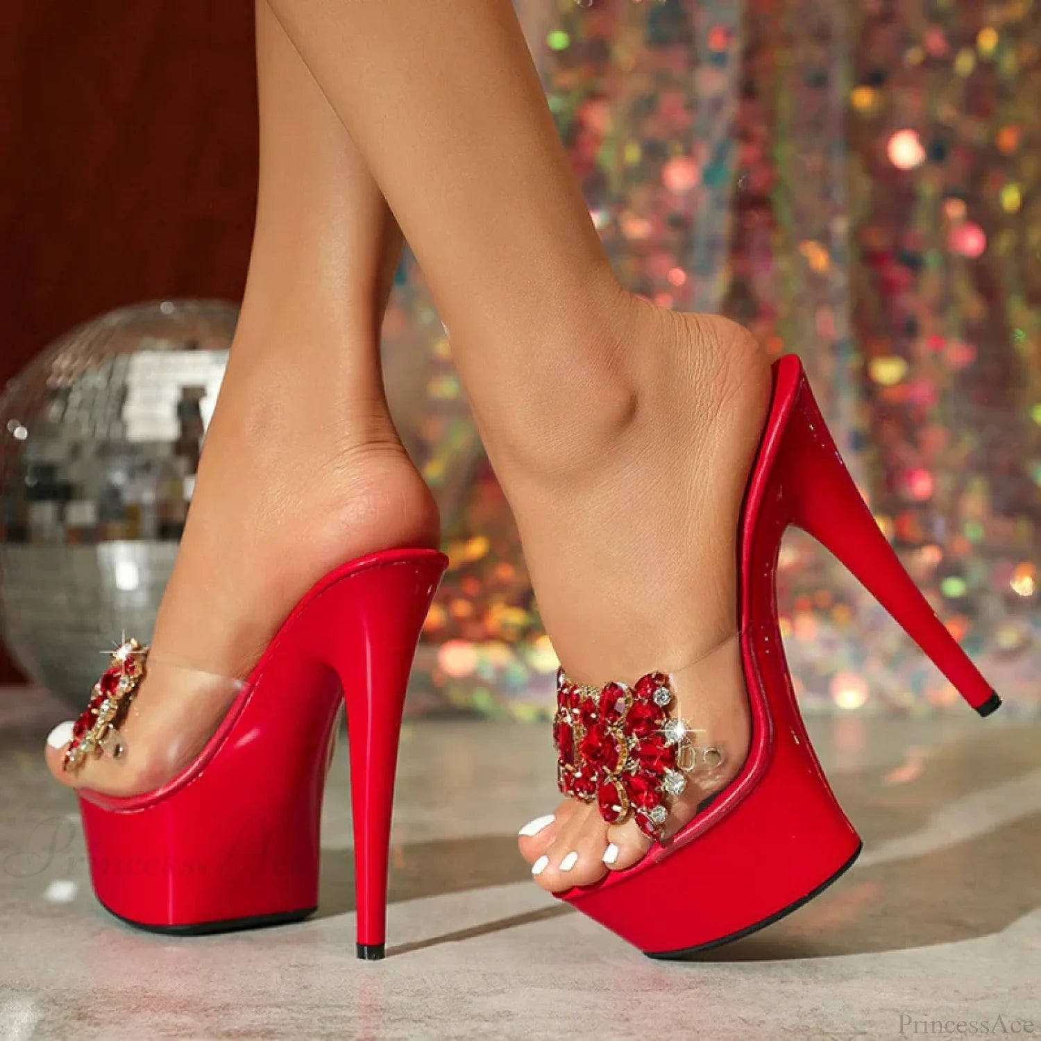 Sexy Red Crystal Gem Open Toe Party Stripper Platform Slippers Sandal Pumps High Heel 15Cm / 34