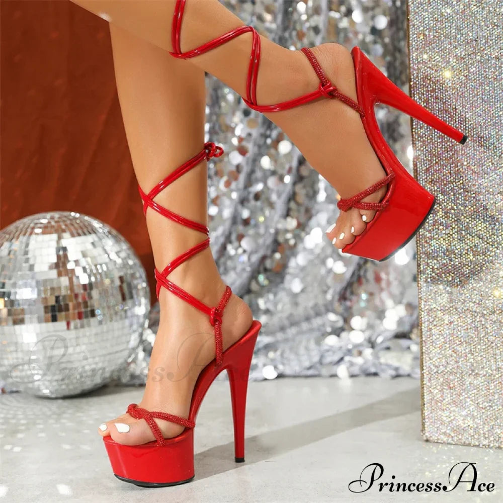 Sexy Red Crystal Rhinestone Open Toe Lace Up Summer Party Dress High Heel