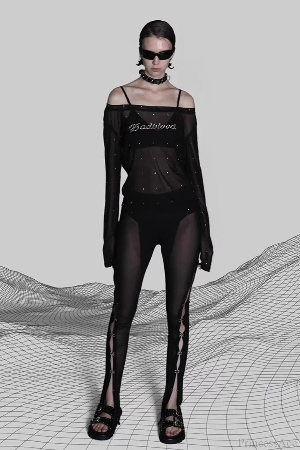 Sexy Rhinestone Embellished Off-the-Shoulder Tulle Blouse